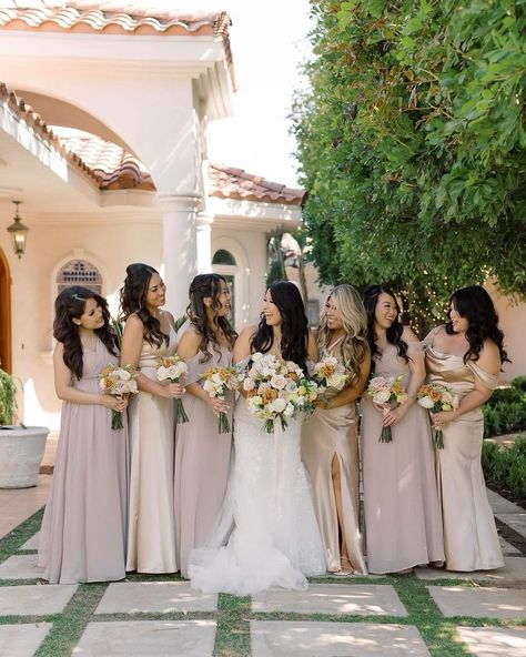 We love a mix of shiny textures and soft hues for spring ✨💘 Featuring the Chiffon and Shiny Satin bridesmaid dresses in Neutral Champagne and Taupe #BIRDYGREY #birdyinthewild Bride: @elephanniee Photographer: @victoriamasaiphoto Venue: @villadeamore Bridesmaid Color, Nude Dresses, Taupe Bridesmaid, Mauve Bridesmaid, Mauve Bridesmaid Dress, Taupe Bridesmaid Dresses, Ivory Bride, Neutral Bridesmaid Dresses, Italian Theme