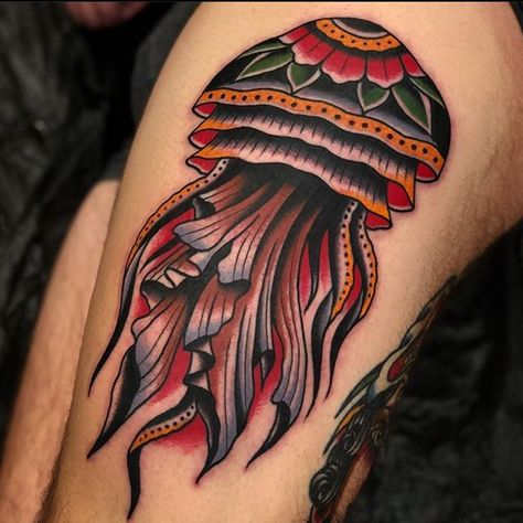 Jellyfish by @samuelebriganti #boldwillholdfirenze #tattooshop #florence #boldwillhold #traditionaltattoo #tradworkers #respecttradition #traditionalkings #oldlines #sunskintattoomachines #magicmoonneedles #tattoodoambassador Traditional Nautical Tattoo, Tattoo 101, Nautical Tattoo Sleeve, Traditional Sleeve, Jellyfish Tattoo, Traditional Tattoo Sleeve, Nautical Tattoo, Old School Tattoo Designs, Traditional Tattoo Design