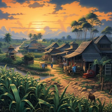 Nature_Village_scene Nature, Village Painting Indian Landscape, Indian Village Photography, Aphrodisiac Art, Village Scene Painting, Anime Village, Tera Chehra, Village Scene Drawing, Village Background