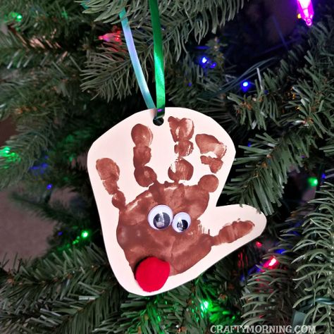 Handprint Reindeer Ornaments Handprint Reindeer, Toddler Ornaments, Reindeer Handprint, Ornaments Diy Kids, Dough Ideas, Jul Diy, Crafty Morning, Handprint Ornaments, Handprint Christmas