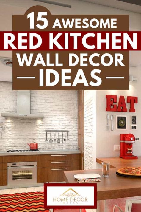 15 Awesome Red Kitchen Wall Decor Ideas. Article by HomeDecorBliss.com #HomeDecorBliss #HDB #home #decor Red Kitchen Decor Ideas Interior Design, Red Accent Kitchen Decorating Ideas, Red And Gray Kitchen Decor Ideas, Red Themed Kitchen Ideas, Red And Gold Kitchen Decor Ideas, Themes For Kitchen Decor Ideas, Red Kitchen Accessories Color Schemes, Gray And Red Kitchen Ideas, Red Wall Kitchen Ideas