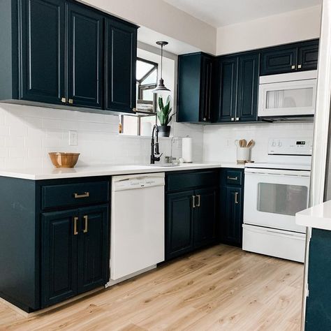 Kitchen Cabinets Painted in Sherwin Williams Dark Night - Interiors By Color Dark Night Sherwin Williams, Sherwin Williams Dark Night, Teal Kitchen Cabinets, Teal Cabinets, Paint Colors 2024, Moody Rooms, Night Kitchen, Colorado Cabin, Acorn House