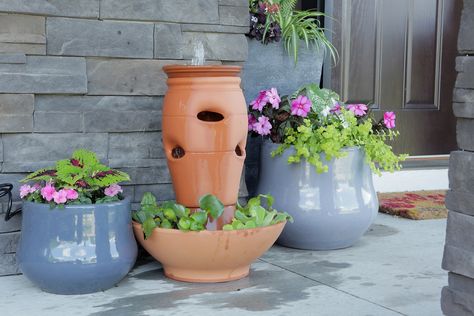 Terra-Cotta Fountain Pot Design Ideas, Front Porch Decorations, Strawberry Pot, Strawberry Pots, Strawberry Planters, Garden Water Fountains, Floating Deck, Porch Decorations, Indoor Water Fountains