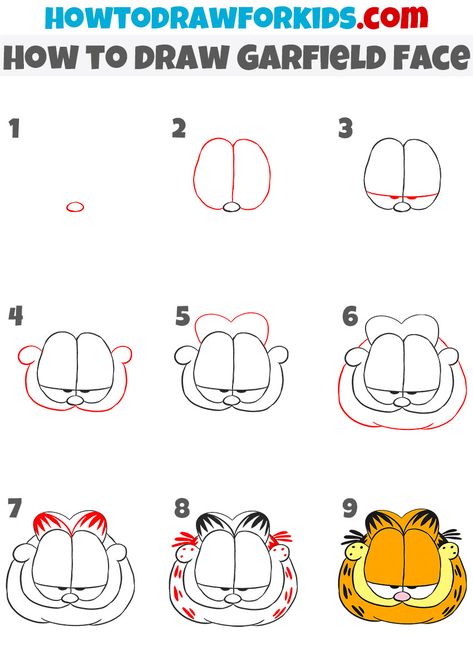 Garfield Painting Easy, Drawing Simple Step By Step, How To Draw A Cartoon Face Step By Step, How To Draw Cartoon Characters Disney, Garfield Drawing Step By Step, Draw Garfield, Garfield How To Draw, Step By Step Cartoon Characters, Garfield Crafts For Kids