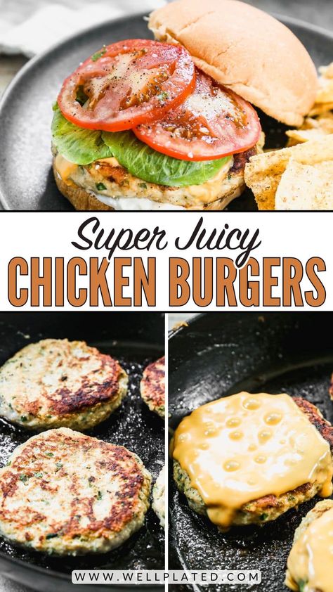 The perfect ground chicken burger recipe! These patties are tender, juicy, and full of flavor—and best of all, they're super easy to make. Grilled Ground Chicken Burgers, Chicken Burger Recipe Healthy, Best Chicken Burger Recipe, Chicken Burger Patty Recipe, Chicken Burgers Healthy, Homemade Chicken Burgers, Chicken Burger Patties, Chicken Patty Recipes, Roast Frozen Broccoli