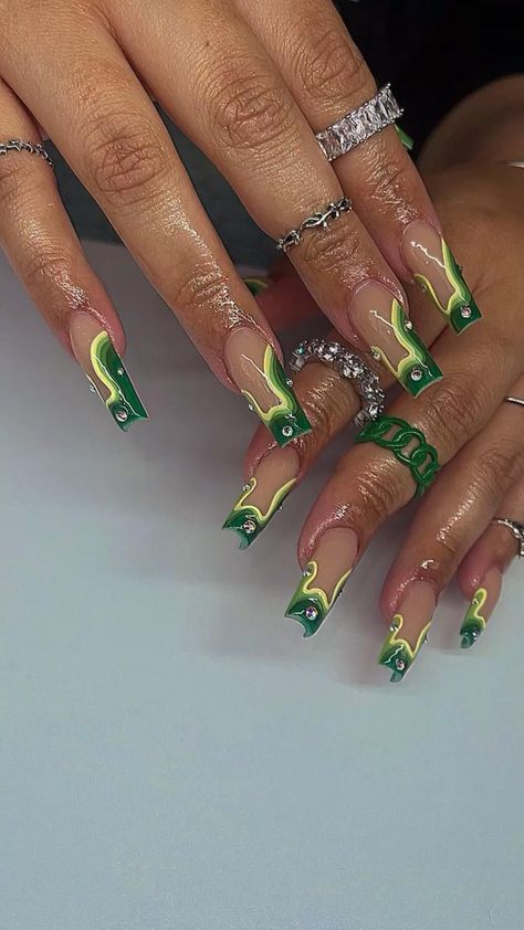 Green Nails Acrylic Spring, Teyana Taylor Nails, Jamaican Acrylic Nails, Mexico Nails Designs Acrylic, Funky Green Nail Designs, Tinker Bell Nails Acrylic, Green Bottom Nails, Neo Soul Nails, Green Nature Nails