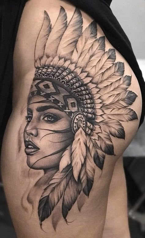 Woman Tattoo Sleeve Black And White, Indian Hip Tattoo, Taino Indian Tattoo, Native Woman Tattoo, Indian Girl Tattoo, Tattoo Indien, Indian Headdress Tattoo, Indian Women Tattoo, Tattoo Bein Frau