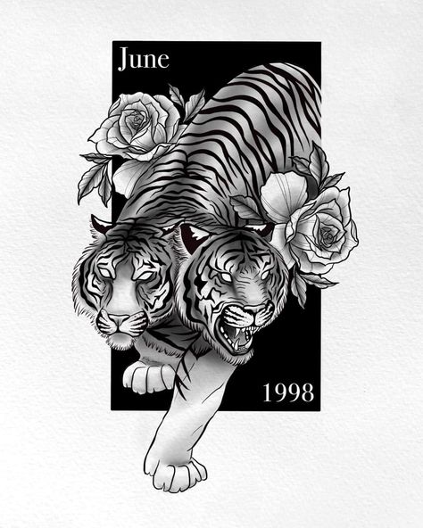 Two headed tiger, with roses. A tattoo design incorporating symbomism associated with being a June gemini born in 1998 - year of the Tiger Gemini Tiger Tattoo, 1998 Year Of The Tiger Tattoo, Gemini Fox Tattoo, Year Of The Tiger Tattoo, Chinese Zodiac Tattoo, Tattoo Planning, June Gemini, Gemini Tattoo, Dark Art Photography