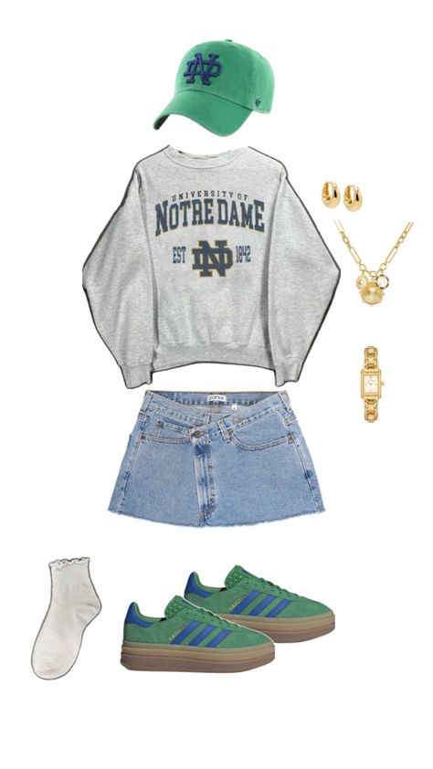 Notre dame gameday outfit college university aesthetic school football tailgate game Irish fighting Irish green blue gold outfit Blue Gold Outfit, Fall Gameday Outfit College, Gameday Outfit College, Football Game Outfit Fall, Fall Football Outfit, College Football Game Outfit, College Tailgate Outfit, Football Tailgate Outfit, University Aesthetic