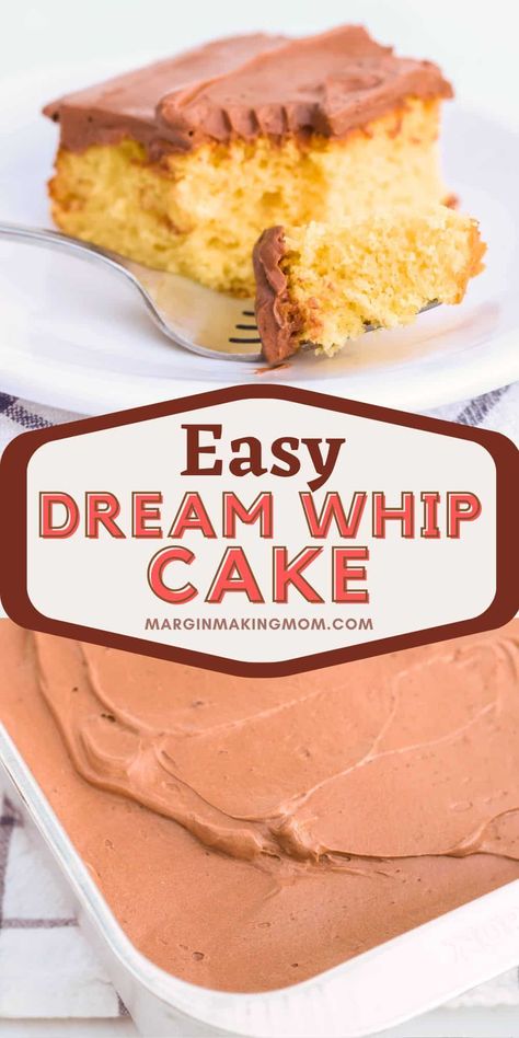 Light, fluffy, and moist, this Dream Whip cake is a dream come true! I love the chocolate pudding frosting on top, and my family can't get enough of this cake! It's an easy recipe to make, thanks to a cake mix, so it's perfect for potluck dinners, family gatherings, summer BBQs, holiday meals, and more! Light And Fluffy Cake Recipe, Pudding Cool Whip Frosting Recipe, Pudding Coolwhip Frosting, Dream Whip Cake Recipe, Cool Whip Vanilla Pudding Frosting, Dream Whip Frosting, Cool Whip And Instant Pudding Frosting, Light Fluffy Cake Recipe, Chocolate Pudding Frosting