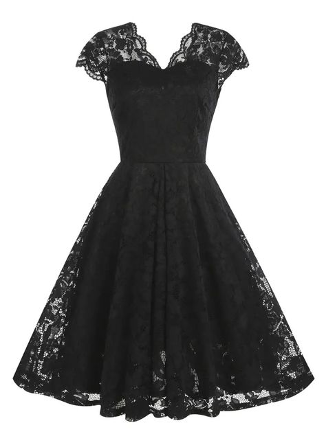 Solid Contrast Lace Dress Elegant V Neck Sleeve Party A - Temu 50s Goth, Tea Party Dresses For Women, Black Lace Wedding Dress, Easter Dresses For Women, Vintage Tea Dress, Floral Lace Shorts, Dress 2024, Illusion Dress, Elegant Dresses For Women