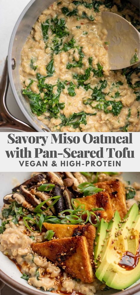 This vegan savory oatmeal is cooked in a umami rich miso broth and served with seasoned pan-seared tofu for extra protein. Easy to make and great for meal prep. Miso Oatmeal, Croissants Breakfast, Seared Tofu, Miso Broth, Breakfast Oats, Savory Oatmeal, Vegan Oatmeal, Extra Protein, Vegan Brunch