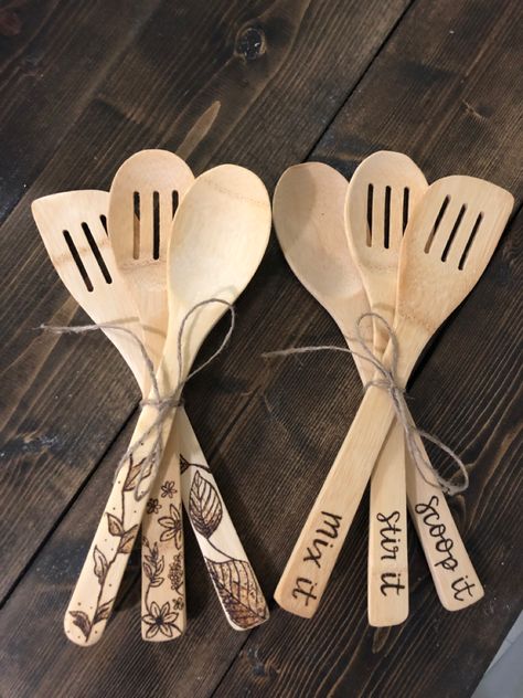 Custom spoons
Gifts for mom
Gifts for friends 
Wood burned spoons Wood Burn Kitchen Utensils, Laser Engraved Spoon, Wood Burned Utensils, Wood Burning Utensils, Pyrography Gifts Diy Projects, Wooden Spoon Wood Burning Ideas, Laser Engraved Wooden Spoons, Wood Burning Spoons Ideas, Engraved Wooden Spoons