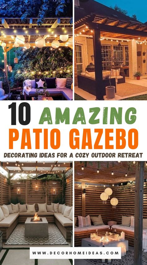 Transform your outdoor space with these 10 patio gazebo decorating ideas that create a stunning and cozy retreat. From string lights and plush seating to elegant drapes and greenery, discover how to enhance your gazebo for relaxation and entertaining. Get inspired to make your patio a stylish oasis. Outdoor Patio Ideas Gazebo, Outdoor Patio Ideas With Gazebo, Outdoor Winter Gazebo Ideas, Small Gazebo Decorating Ideas, How To Decorate A Gazebo, Small Gazebo Ideas, Gazebo On Patio, Outdoor Gazebo Ideas Decor, Decorating A Gazebo