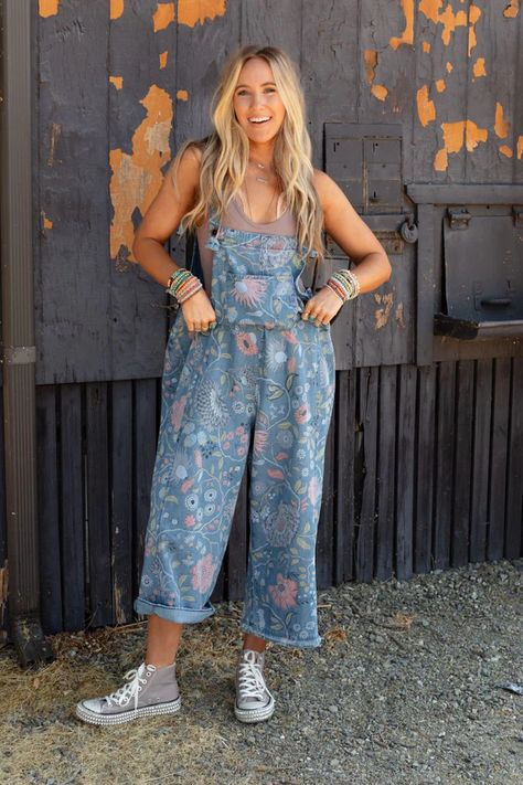 High Hopes Slouchy Denim Overalls - Floral Blue Denim | Three Bird Nest Slouchy Outfit, Three Bird Nest, Boho Outfit, What Should I Wear, High Hopes, Denim Patchwork, Bird Nest, Wide Pants, Denim Overalls