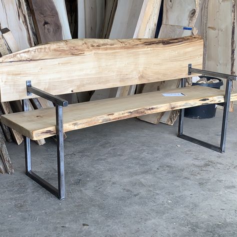 Wood And Metal Bench Outdoor, Metal Wood Bench, Steel And Wood Bench, Live Edge Bench Seat, Live Edge Wood Projects, Steel And Wood Furniture, Live Edge Wood Bench, Wood Bench With Back, Live Edge Wood Furniture