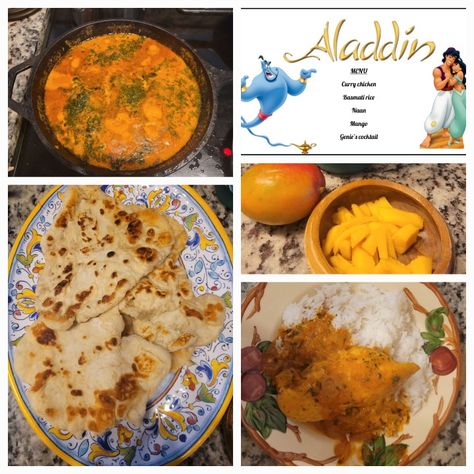 Disney Foods To Make At Home, Aladdin Inspired Food, Disney Movie Meals, Themed Movie Night Ideas Food, Aladdin Themed Dinner, Aladdin Food Ideas, Disney Themed Meals, Movie Theme Dinner, Disney Meals From Movies