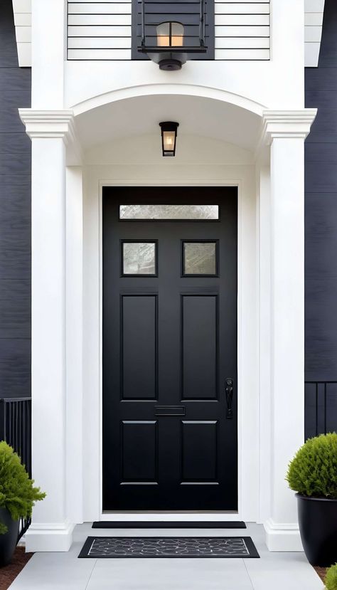 Timeless-Sophistication-with-a-Monochromatic-Theme--Wield-the-power-of-understated-elegance-with-a-monochromatic-front-entryway--From-the-siding-and-front-door-to-the-trim-and-light-fixtures--stick-to (1) Front Doors Colonial House, Long Front Door Entrance, Home Doors Front Entrance, Modern Front Door Black, Provia Doors Front Entry, Front Entryway Ideas Exterior, Front Door Ideas Entrance, Creative Front Door, Colonial Front Door