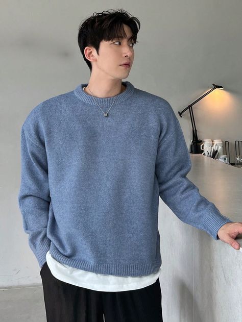 Men's Casual Solid Color Round Neck Long Sleeve Sweater, Autumn Blue   Long Sleeve Knitwear   Non-Stretch Fall Men Clothing, size features are:Bust: ,Length: ,Sleeve Length: Men Sweater Outfit Formal, Mens Formal Style, Men Clothing Inspiration, Casual Men Clothes, Mens Fashion 2024 Fall, Blue Crew Neck Outfit, Mens Crew Neck Sweater Outfit, Light Blue Sweatshirt Outfit, Mens Academia Fashion