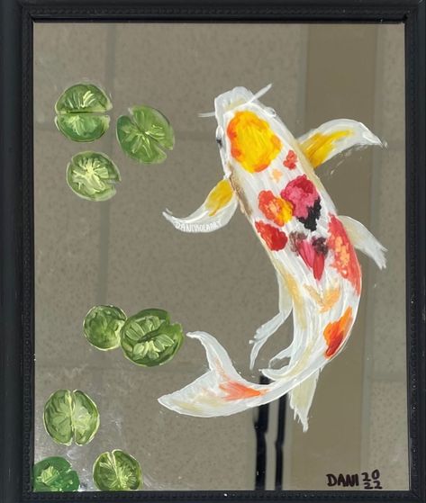 Koi Fish Mirror Painting, Lily Pads Painting, Painting On Mirror, Mirror Painting Ideas, Bright Aesthetic, Painting On Glass, Orange Painting, Mirror Ideas, Mirror Painting