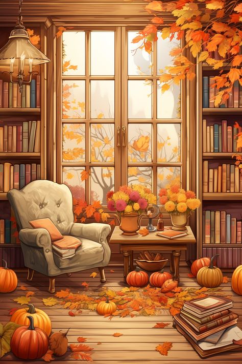 Cosy Artwork, Cozy Fall Illustration, Autumn Library, Library Drawing, Autumn Cottage, Fall Drawings, Collage Book, Enjoy The Process, Autumn Illustration