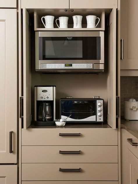 Small-Appliance Storage Small Appliances, Desain Pantry, Kabinet Dapur, Appliances Storage, घर की सजावट, Trendy Kitchen, Kitchen Remodel Idea, Küchen Design, Microwave Oven