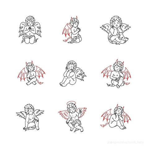 Minimalist Tattoo Angel, Devil Baby Tattoo, Baby Devil Tattoo, Devil Cherub Tattoo, Demon Angel Tattoo, Cute Devil Tattoo, Small Devil Tattoo, Simple Angel Tattoo, Angels And Demons Tattoo