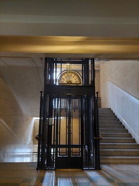 Old Elevator Aesthetic, Fancy Elevator, Old Elevator, Vintage Elevator, Entryway Stairs, Elevator Interior, Glass Lift, Glass Elevator, Lift Design