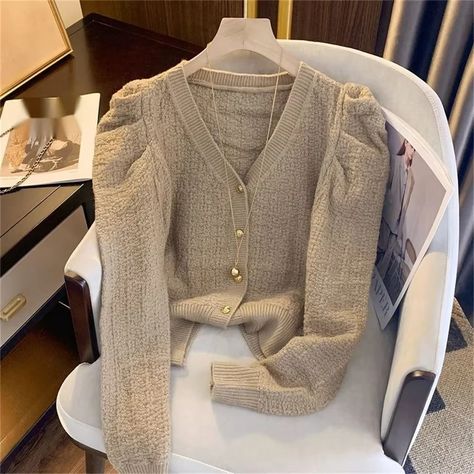 Smarter Shopping, Better Living! Aliexpress.com Solid Color Outfits, Style Français, Shirt 2023, Cute Pants, Puff Long Sleeves, Sewing Design, Warm Sweaters, V Neck Cardigan, Cardigan Fashion