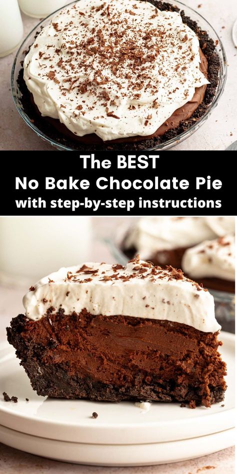 This no bake chocolate pie is made with an oreo cookie crust, topped with a rich chocolate filling that is made with both dark chocolate and cocoa powder, and topped with plenty of freshly made whipped cream. Dark Chocolate Pudding Pie, Best Chocolate Pudding Pie, Chocolate Thanksgiving Pie, No Bake Chocolate Cheesecake Pie, Oreo Cookie Crust Desserts, Chocolate Pie With Oreo Crust, Chocolate Pie Crust Desserts, Chocolate Pie Oreo Crust, Chocolate Pie Crust Recipe