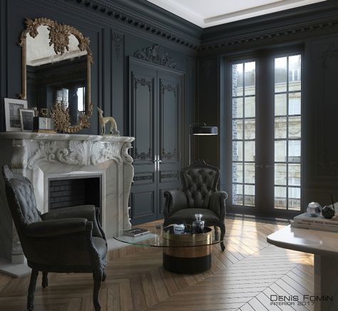 Parisian Interior Design, Moody Living Room, Parisian Interior, Dark Home Decor, Dark Home, Design For Home, Dark Interiors, Elegant Living Room, Elegant Living