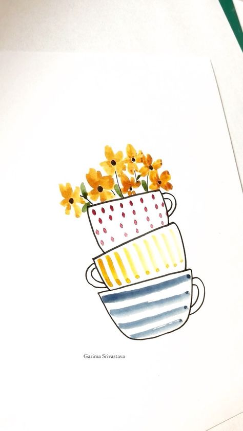 Watercolour Coffee Cup, Watercolor Crafts To Sell, Painting With Watercolors For Beginners, Watercolor With Pen Outline, Trendy Crafts For 2024, Pen And Watercolor Art, Cute Art Designs, Fun Things To Paint, Beginner Watercolor Ideas