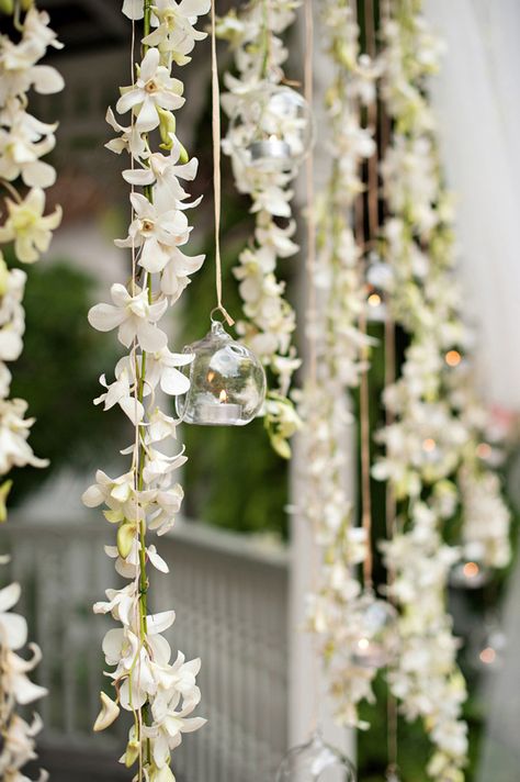 Jasmine Flower Wedding, Hanging Flowers Wedding, Jasmine Wedding, Ceremony Candles, Flowers Hanging, Wedding Ceremony Ideas, Flower Curtain, Flower Chandelier, Wedding Ceremony Backdrop