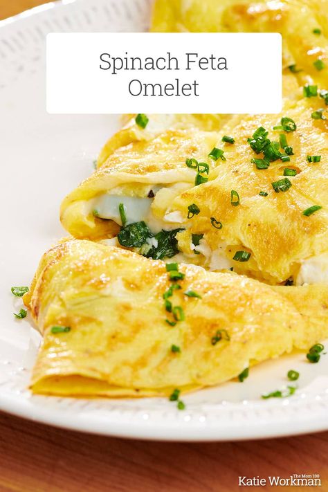 Spinach and Feta Omelet Recipe: Lightly sauteed spinach and crumbled feta make a creamy, colorful and delicious omelet filling. #omelet #omelette #breakfast #brunch Omelette Recipe Spinach, Savory Omelette Recipe, Spinach And Mushroom Omelette, Spinach Egg Omelette Recipe, Spinach Feta Omelette Recipe, Feta Cheese Omelette, Spinach And Feta Omelette, Spinach Omlet Recipes Easy, Omelettes Recipe