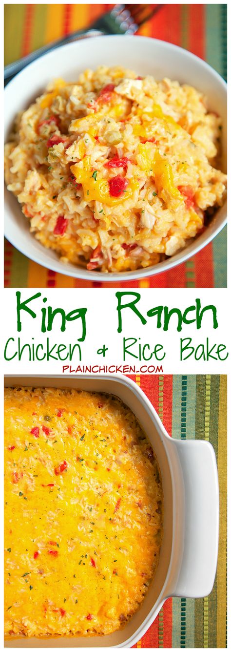 King Ranch Chicken and Rice Bake Recipe - chicken, rice, chicken soup, R-otel, Velveeta - SO good! Ready in under 30 minutes. I wanted to eat the entire pan myself! Ranch Chicken And Rice, Rice Chicken Soup, Ranch Chicken Recipe, Rice Bake Recipes, Velveeta Recipes, Rice Cream, King Ranch Chicken, Rice Bake, Bake Chicken