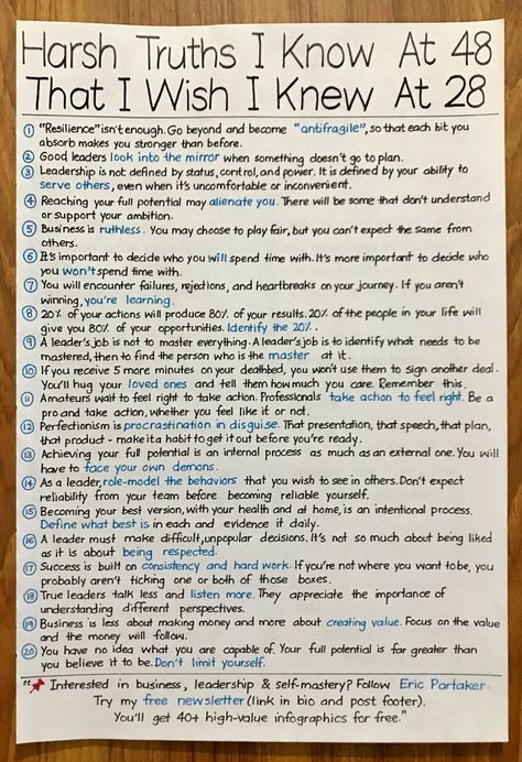 Eric Partaker on LinkedIn: 20 Harsh Truths I Wish I Knew 20 Years Ago:

1) “Resilience” is not good… | 459 comments Harsh Truth, Good Leadership Skills, Become Smarter, How To Become Smarter, Relationship Lessons, A Good Person, Good Person, Self Growth, Business Coaching