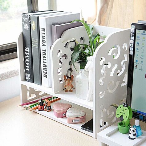 19 Organizational Products That'll Make Tidying Up So Much Easier Desk Organizer Shelf, Desk Organization Tips, Mini Bookshelf, Shabby Chic Office, Chic Desk, Small Bookshelf, White Desk, Wood Plastic Composite, Cubicle Decor