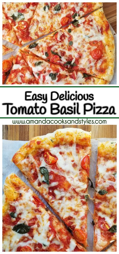 Easy Delicious Tomato Basil Pizza – Homemade pizza recipe made with fresh mozzarella and parmesan cheeses, fresh basil, garlic, and tomatoes. Tomato And Basil Pizza, Basil Tomato Pizza, Pizza With Fresh Basil, Pizza With Basil Leaves, Pizza With Fresh Tomatoes, Tomato Pizza Recipes, Fresh Tomato Pizza, Roma Tomato Recipes, Fresh Mozzarella Pizza