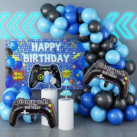 🎮Pack includes: 1PC blue game happy birthday backdrop 2PCS black video game controller foil balloons 15PCS 10INCH matte black balloons 10PCS 10INCH dark blue balloons 10PCS 10INCH matte light blue balloons 5PCS 12INCH matte black balloons 5PCS 12INCH dark blue balloons 5PCS 12INCH light blue balloons balloon strip pack of glue dots ribbon Dark Blue Balloons, Light Blue Balloons, Video Game Birthday Party Decorations, Happy Birthday Games, Gold Birthday Party Decorations, Video Games Birthday Party, Happy Birthday Backdrop, Anniversary Party Decorations, Box Shadow