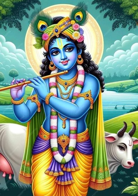 Shree Krishna With Cow, Krishna And Cow, Krishna With Bansuri, Krishna Bhagwan With Cow, Krishna With Cows, Radha Krishna With Cow, Shreenath Ji, Cow Drawing, Krishna Ji