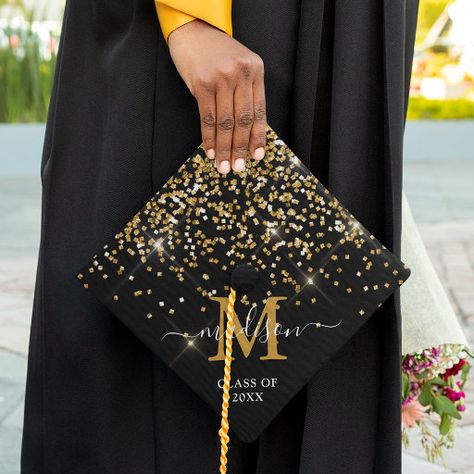 Gold Confetti Monogram Graduation Cap Topper Graduation Cap Designs Black, Bedazzled Graduation Cap, Unique Graduation Cap Designs, Graduation Hat Designs, Girly Graduation, Glitter Graduation Cap, Graduation Cap Decoration Diy, High School Graduation Cap, College Graduation Cap Decoration