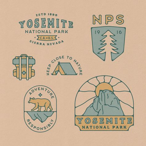 Adventure Graphic Design, Outdoors Logo Design, National Park Patches, Camp Logo, Badge Ideas, Outdoor Logos, Retro Color Palette, Illustration Branding, Adventure Art