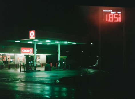 Gas Station Film Photography, Gas Station Cinematic, Rainy Gas Station, Film Photography 120mm, Nighttime Film Photography, Gas Station Night Aesthetic, Night Film Photography 35mm, Gas Station At Night Aesthetic, 120 Film Photography