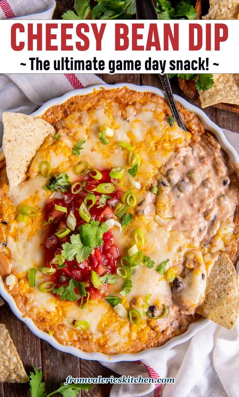 Cheesy Bean Dip Taco Bean Dip, Cheesy Bean Dip, Easy Bean Dip, Refried Bean Dip, Homemade Refried Beans, Bean Dip Recipes, Football Party Food, Party Appetizers Easy, Bean Dip