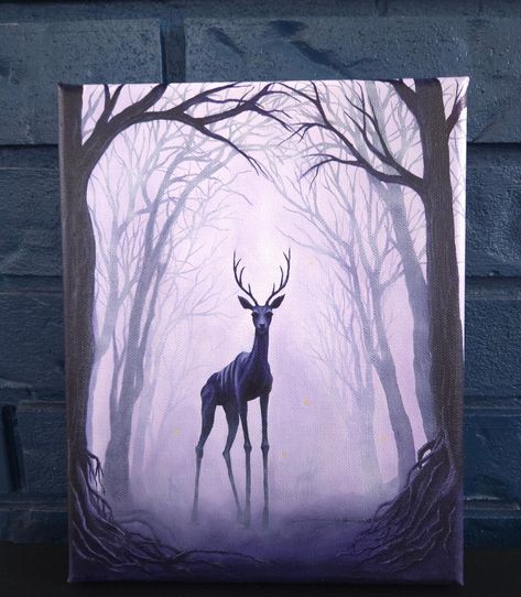 This commission has arrived at its new home so I'm able to share it now! I had so much fun working on this one, the recipient didn't want to see the painting until they had it in hand which definitely was a tad nerve-wracking at times, but they're in love with it! ° ° ° #acrylicpainting #spookyart #spooky #painting #art #gothicart #punkrock #crytidcreature #notdeer #cryptid #gothicdecor #gothic Deer At Night Creepy, Halloween Art Acrylic, Goth Acrylic Painting, Cryptid Painting, Gothic Canvas Painting, Spooky Acrylic Painting, Gothic Painting Ideas, Monster People, Horror Paintings