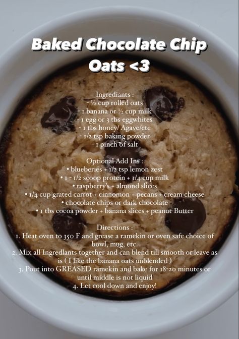 Baked chocolate chip oats recipe Chocolate Chip Baked Oats Recipe, Raspberry Almond, Oats Recipe, Kiss The Cook, Baked Oats, Banana Slice, Oats Recipes, Rolled Oats, Cocoa Powder