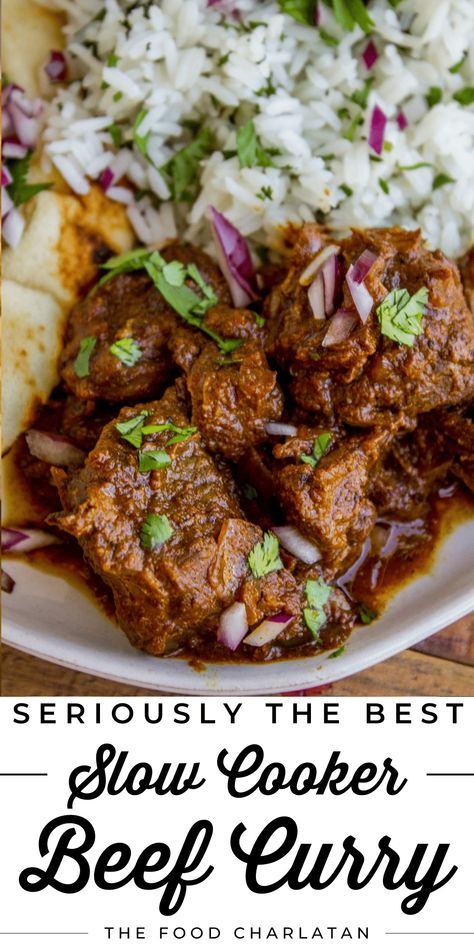 Easy Curry Beef Recipe from The Food Charlatan. This slow cooker beef curry could not be easier! Thick chunks of slow-cooked, tender beef, in a rich and thick curry sauce that is just waiting to be scooped up with some naan. Let the incredible smell fill your house all day long and then enjoy this easy weeknight meal. You can find everything you need at the grocery store (and probably have most of the ingredients in your pantry already). It's rich, hearty, and perfect for a cold night. Beef Chunks Recipes, Slow Cooker Beef Curry, Curry Beef, Beef Curry Recipe, Slow Cooker Curry, Fakeaway Recipes, African Foods, The Food Charlatan, Slow Cooker Recipes Beef