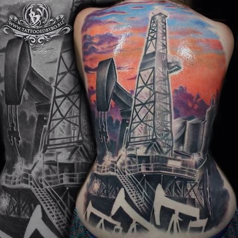 Drilling Rig Tattoos, Oil Rig Tattoo Ideas, Oil Rig Drawing, Oilfield Tattoos, Pump Jack Tattoo Oil Field, Wolf Tattoos Men, Oilfield Life, Tattoos Men, Wolf Tattoos