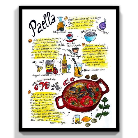 Recipe Art, Illustrated Recipe, Print Drawing, Paella Recipe, Drawing Digital, Chopped Tomatoes, Chicken Stock, Smoked Paprika, Food Illustrations