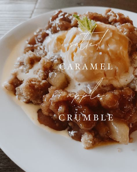 Salted Caramel Apple Crumble, Apple Caramel Crisp, Caramel Crumble, Caramel Apple Crumble, Caramel Apple Desserts, Earth Balance Butter, Crisp Recipes, Caramel Apple Crisp, Apple Crumble Pie